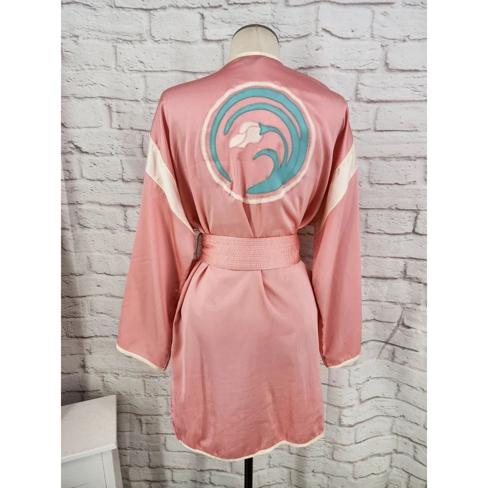 Vintage Saks Satin Robe Glam Boxing Short Belted Glam Lily Floral Made USA Pink